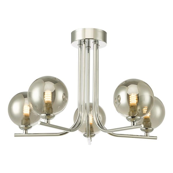 Dar Cradle 5 light ceiling semi flush in chrome with smoked glass globes main image