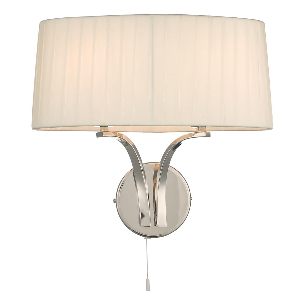 Dar Cristin Switched Twin Wall Light Ivory Ribbon Shade Polished Nickel