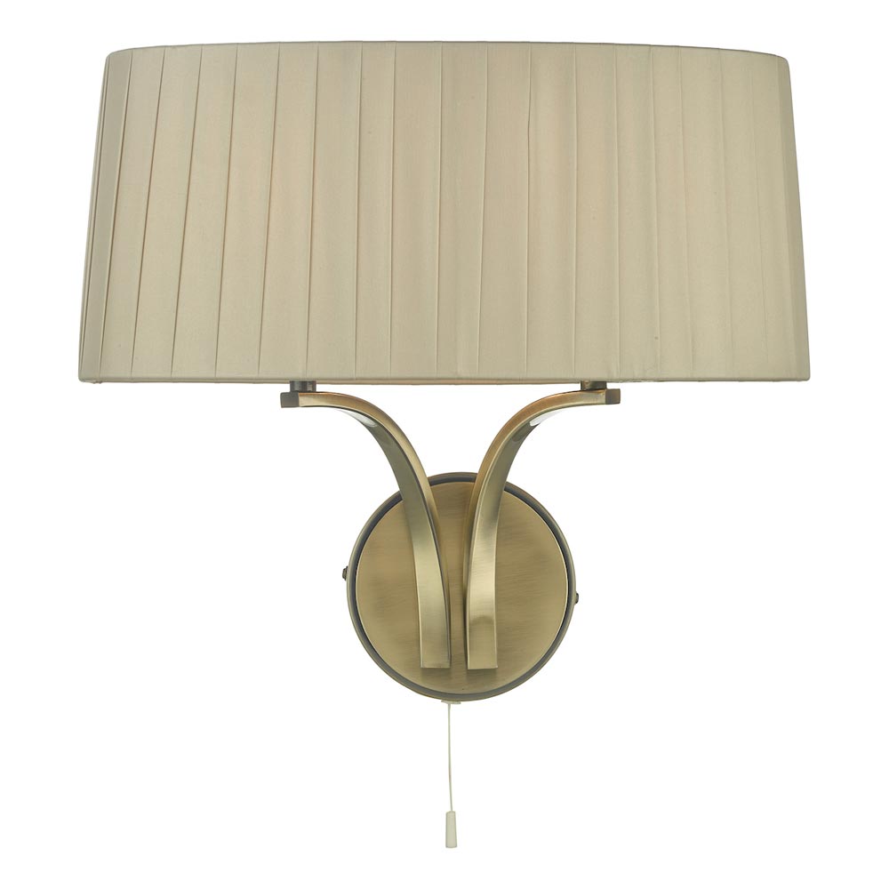 Dar Cristin Switched Twin Wall Light Taupe Ribbon Shade Antique Brass