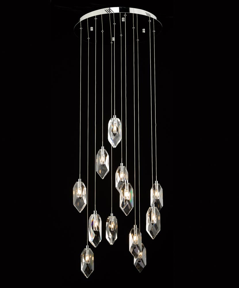 Dar Crystal 12 Lamp Cluster Pendant Light Polished Chrome Rock Crystal