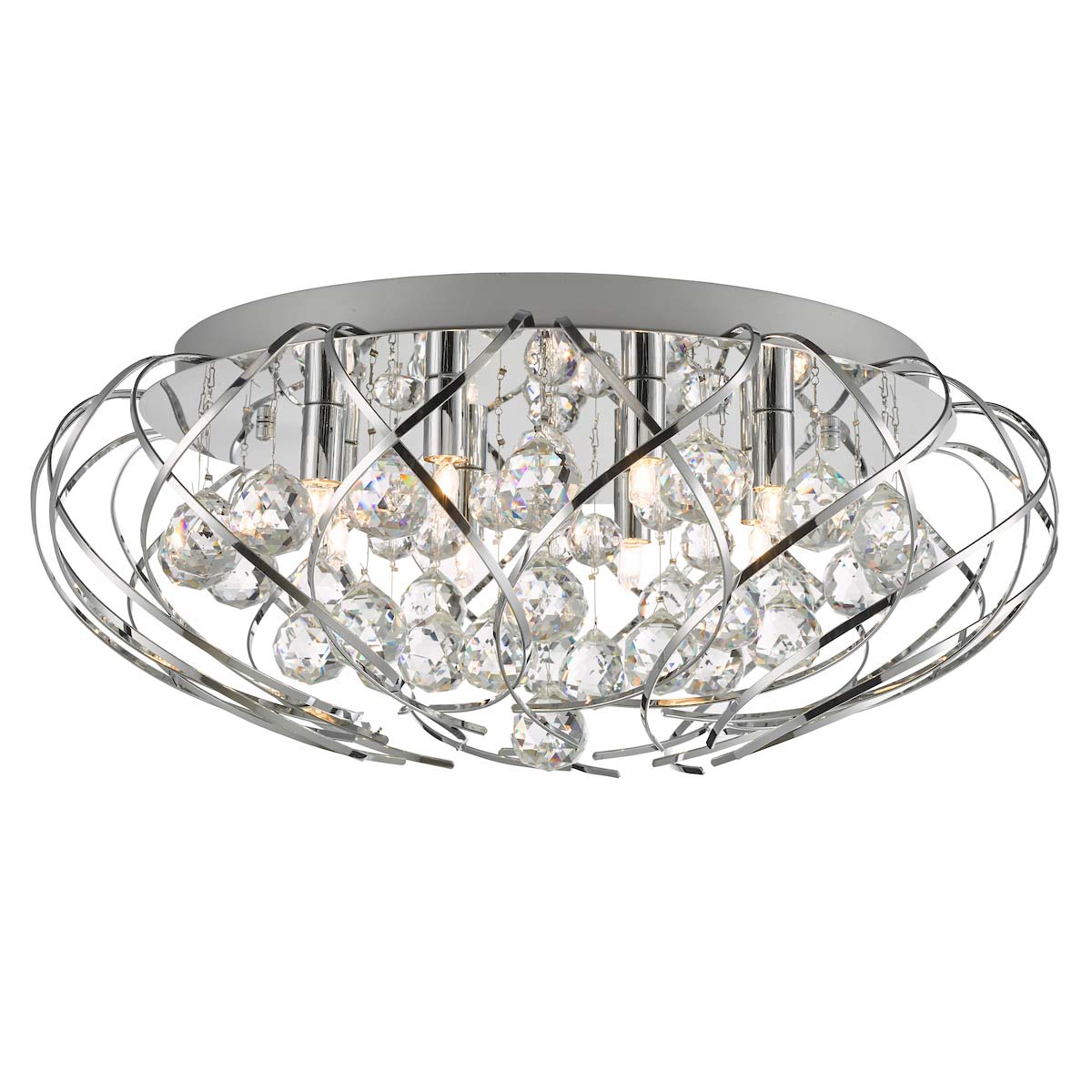 Dar Davian 8 Light Flush Low Ceiling Light Polished Chrome Crystal Drops