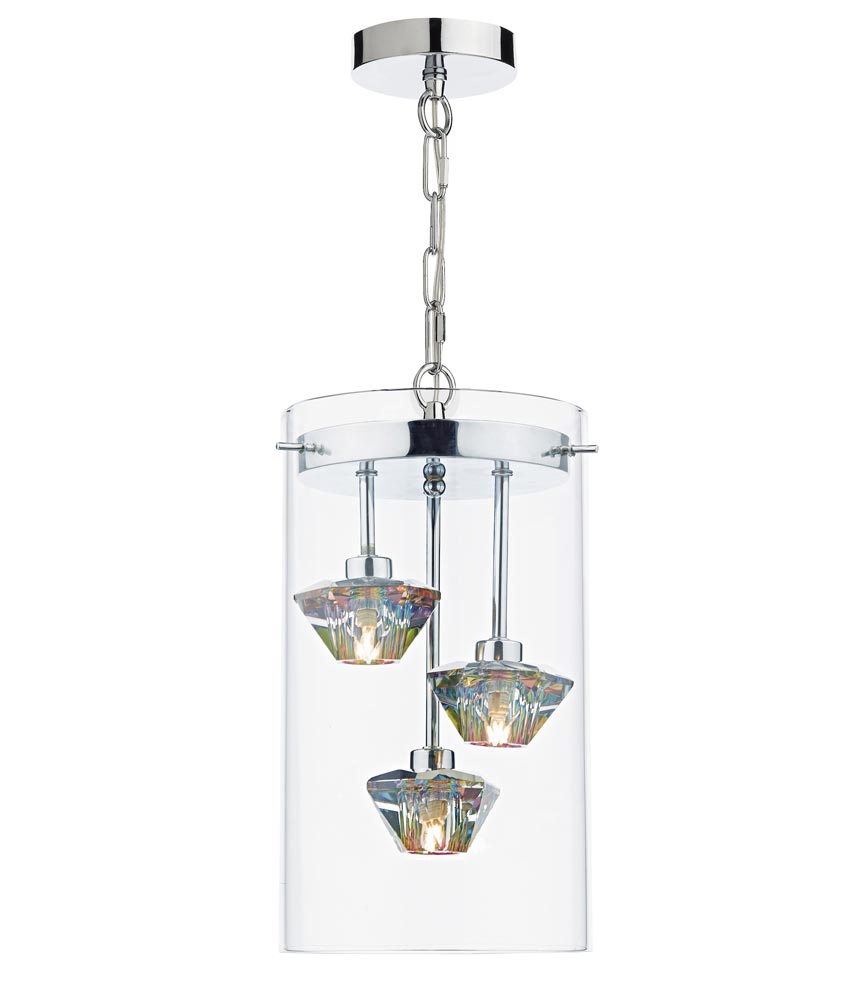 Dar Decade Modern 3 Light Ceiling Pendant Chrome Dichroic Glass