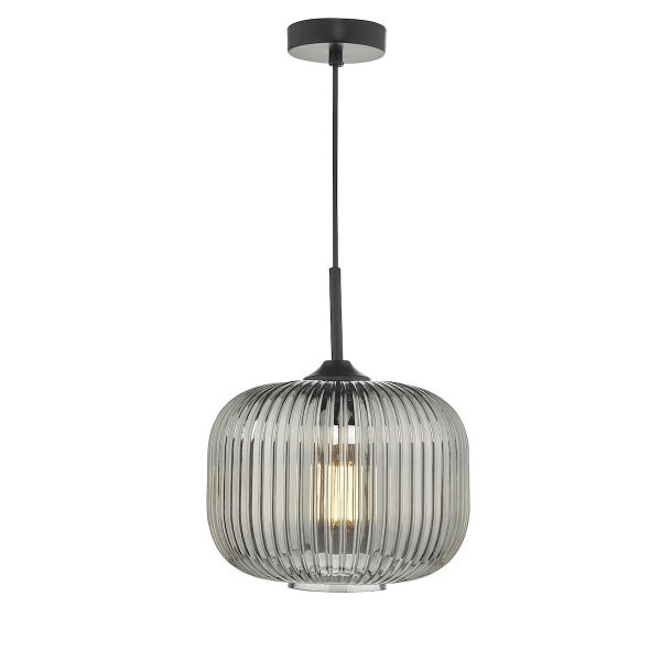 Demarius 1 light pendant with smoked ribbed glass shade and black detail on white background lit