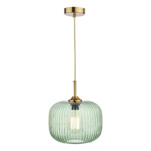 Dar Demarius 1 light pendant with green ribbed glass shade and bronze detail on white background lit