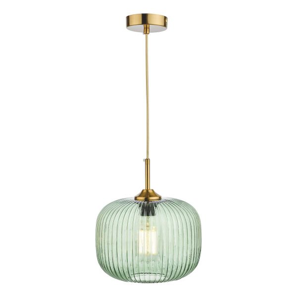 Dar Demarius 1 light pendant with green ribbed glass shade and bronze detail on white background lit