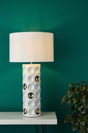 Dar Dimple 1 light white and gold ceramic table lamp with white shade on sideboard