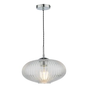 Dar Edmond 1 light clear ribbed glass ceiling pendant in chrome main image