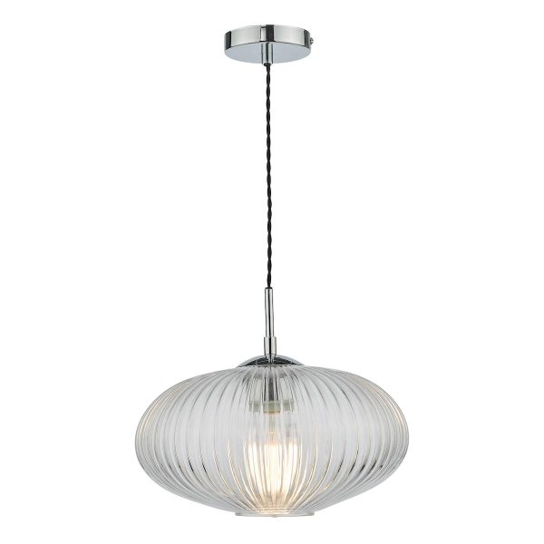 Dar Edmond 1 light clear ribbed glass ceiling pendant in chrome main image