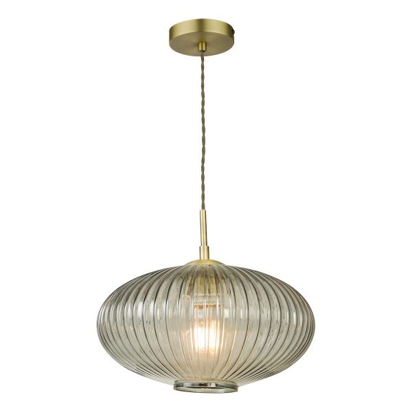 Dar Edmond 1 light smoked ribbed glass ceiling pendant in antique brass main image