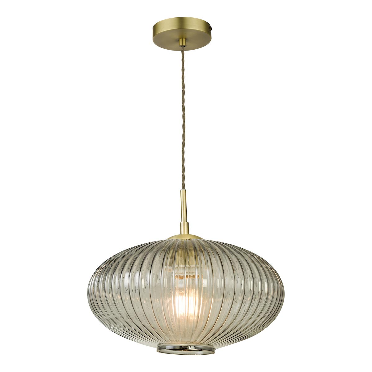 Dar Edmond 1 Light Smoked Ribbed Glass Ceiling Pendant Antique Brass