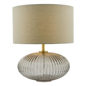 Dar Edmond 1 light smoked ribbed glass table lamp with grey drum shade main image