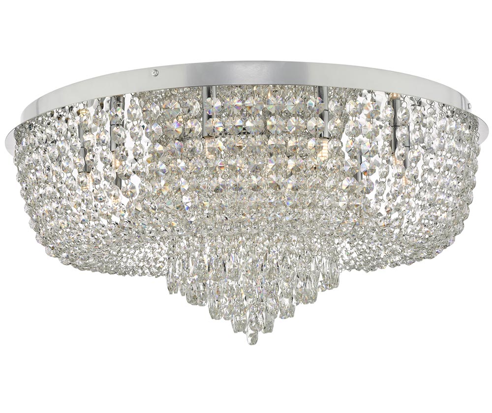 Dar Eitan Large Crystal 12 Lamp Flush Low Ceiling Light Polished Chrome