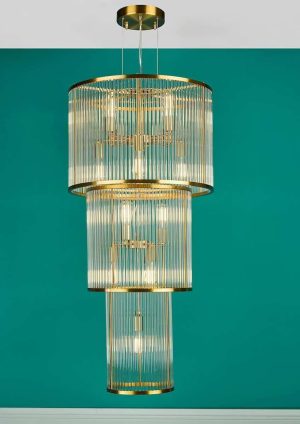 Dar Eleanor large 15 light chandelier in natural brass with glass rods green roomset