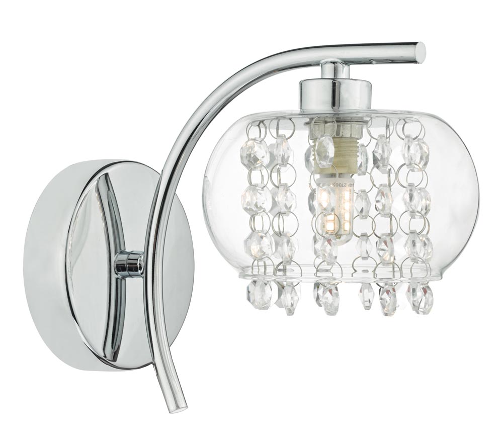 Dar Elma Switched Single Wall Light Polished chrome & Crystal Glass