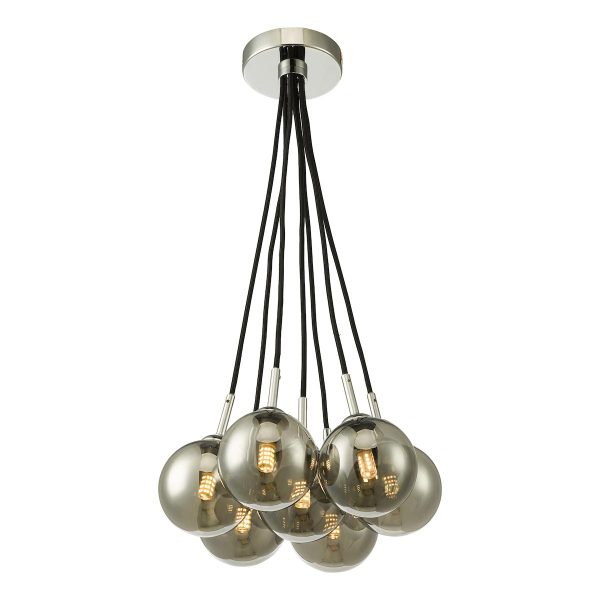 Dar Elpis 7 light smoked glass globe cluster pendant in chrome main image