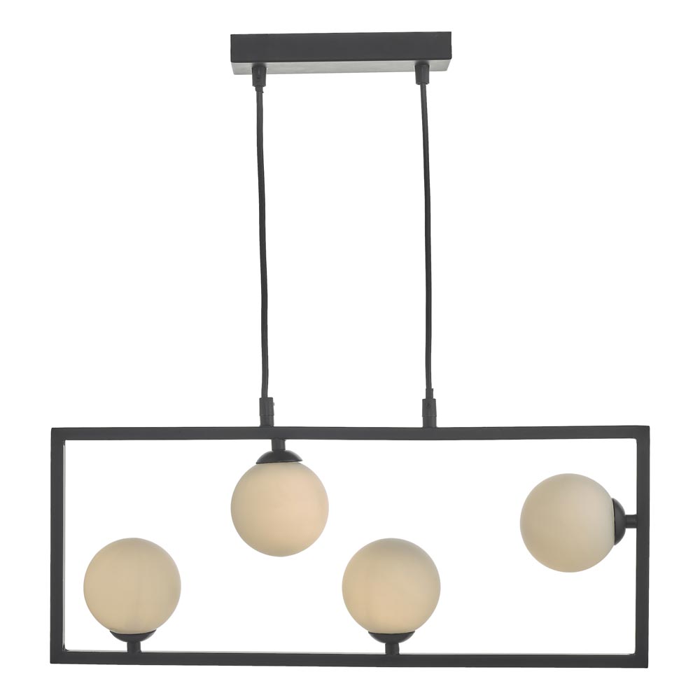 Dar Ensio 4 Light Industrial Ceiling Pendant Matt Black Opal Glass Globes