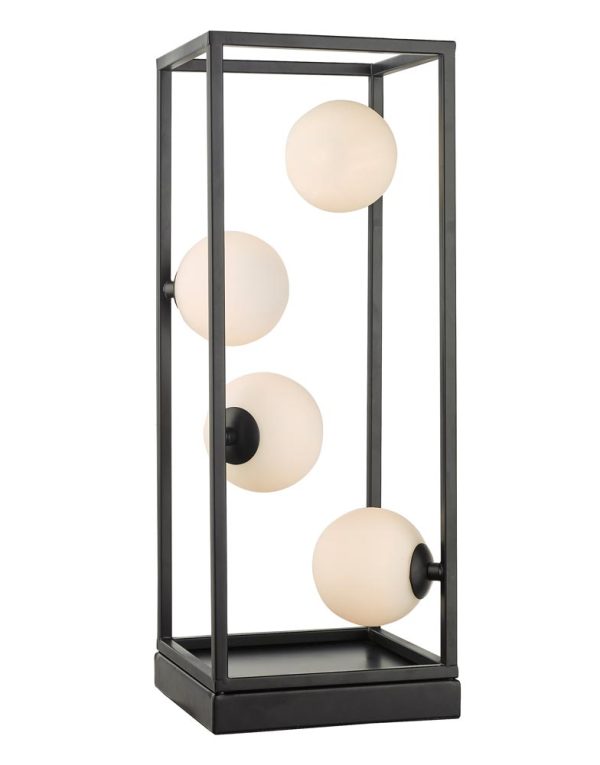 Dar Ensio 4 Light Industrial Table Lamp Matt Black Opal Glass Globes