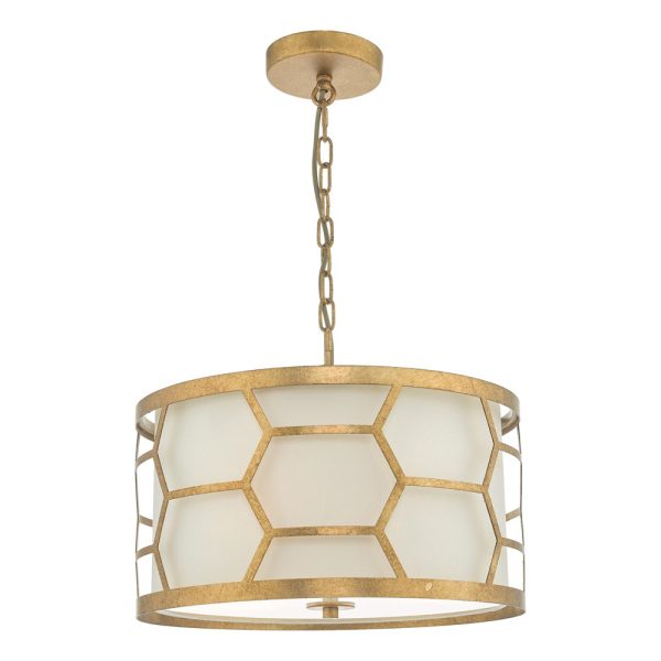 Dar Epstein 3 Lamp Pendant Ceiling Light Gold Leaf Ivory Linen Shade