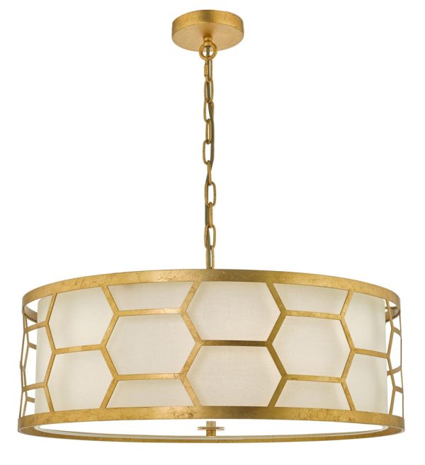 Dar Epstein 4 Lamp Pendant Ceiling Light Gold Leaf Ivory Linen Shade