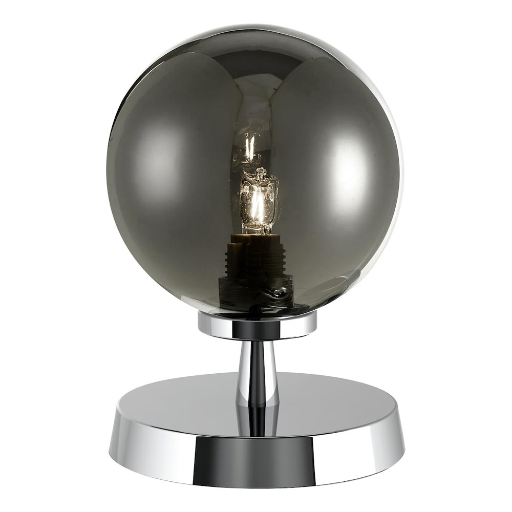 Dar Esben Touch On / Off Table Lamp Chrome Smoked Glass Globe