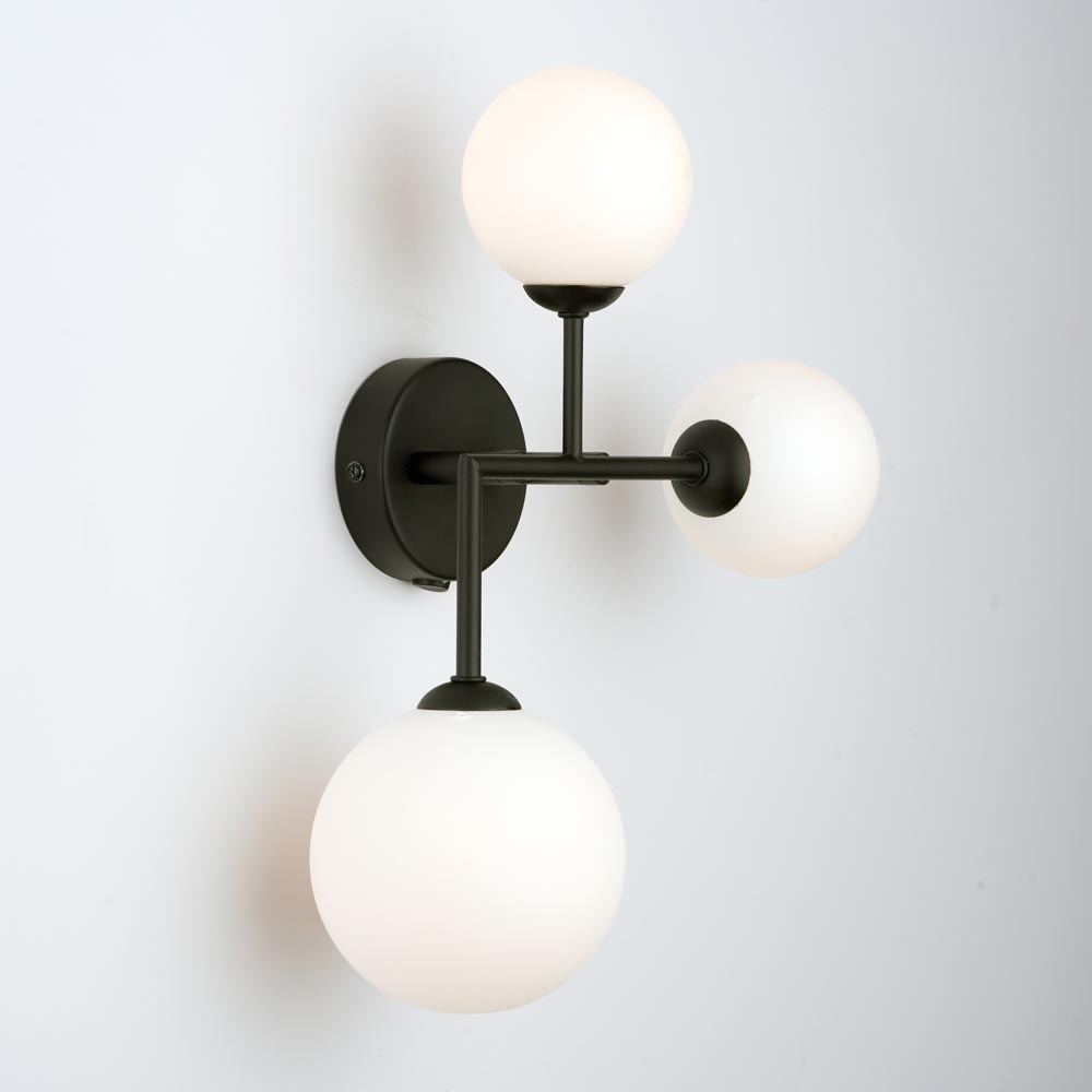 Dar Euan 3 Lamp Switched Wall Light Matt Black Opal Glass Globes