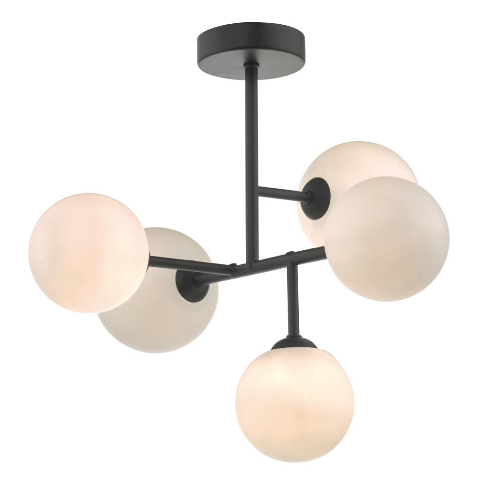 Dar Euan 5 Lamp Semi Flush Low Ceiling Light Matt Black Opal Globes