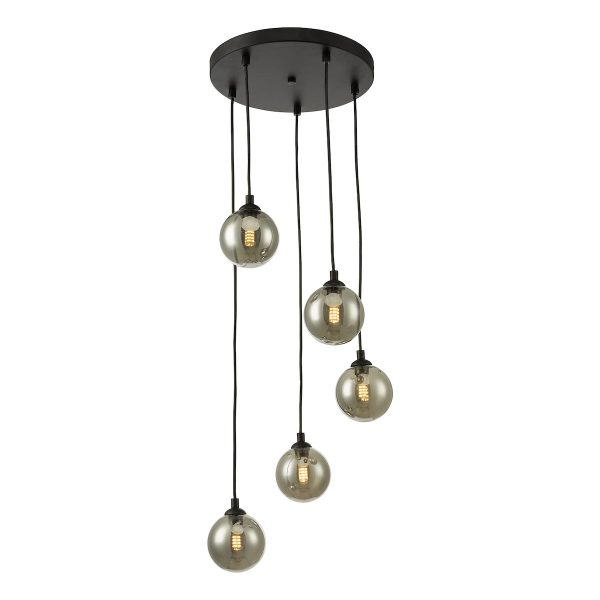 Dar Federico 5 light smoked glass globe cluster pendant in satin black main image