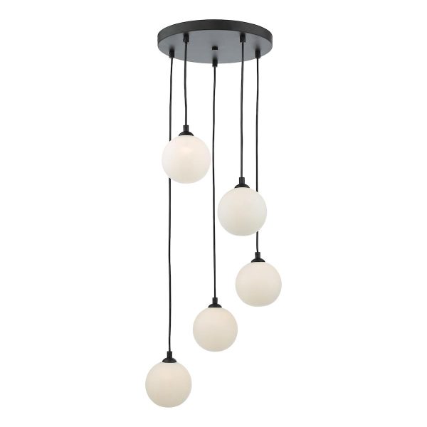 Dar Federico 5 light opal glass globe cluster pendant in satin black main image