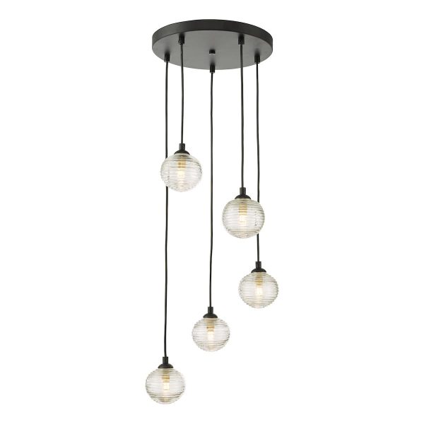 Dar Federico 5 light ribbed glass globe cluster pendant in satin black main image