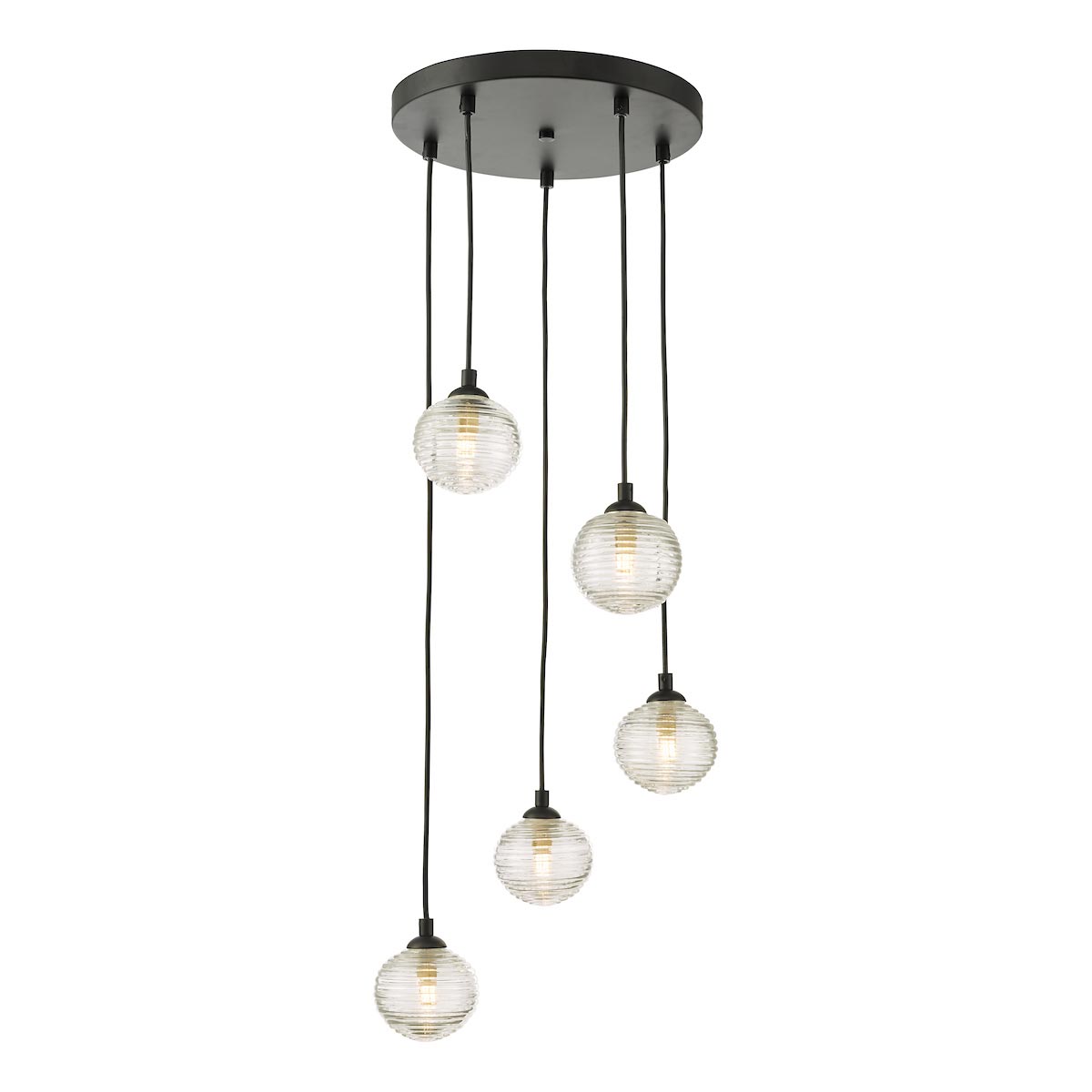 Dar Federico 5 Light Ribbed Glass Cluster Ceiling Pendant Satin Black