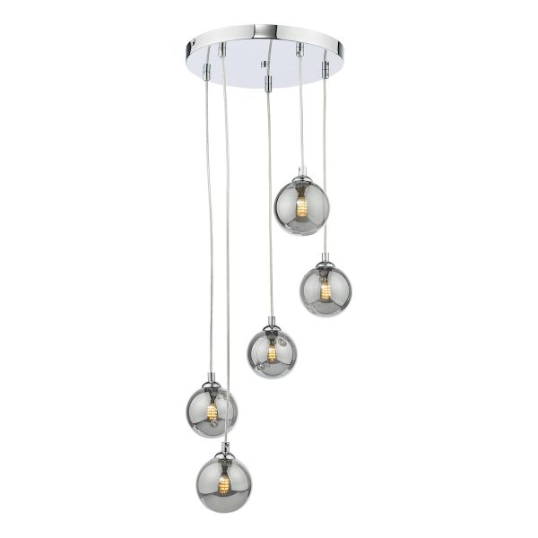 Dar Federico 5 light smoked glass globe ceiling pendant in polished chrome main image