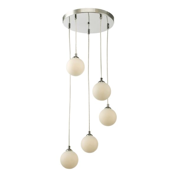 Dar Federico 5 light opal white glass globe cluster ceiling pendant in polished chrome main image