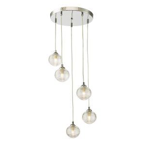 Dar Federico 5 light clear ribbed glass globe cluster pendant in polished chrome main image