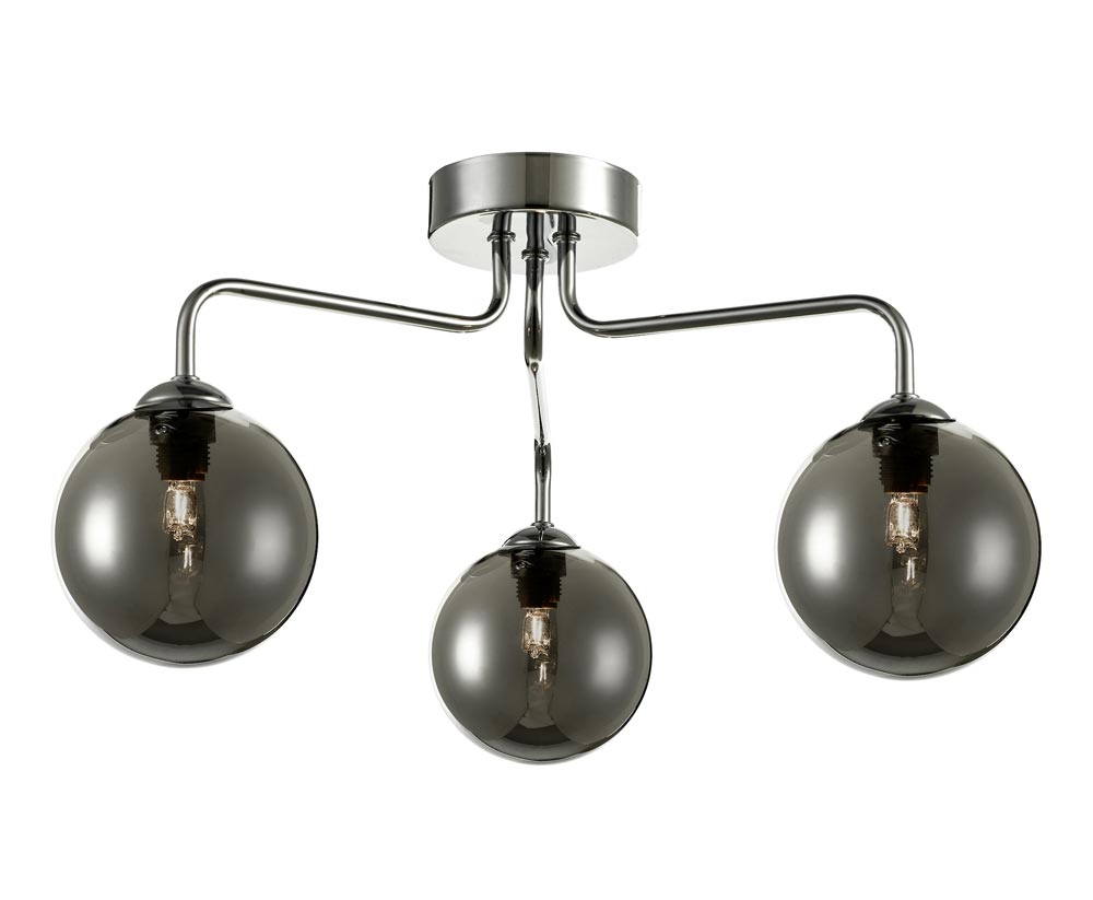 Dar Feya Chrome 3 Lamp Semi Flush Low Ceiling Light Smoked Glass