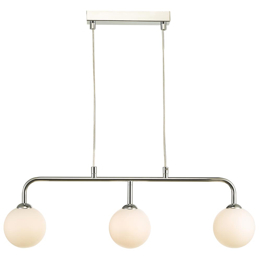 Dar Feya Chrome 3 Lamp Bar Ceiling Pendant Light Opal White Glass