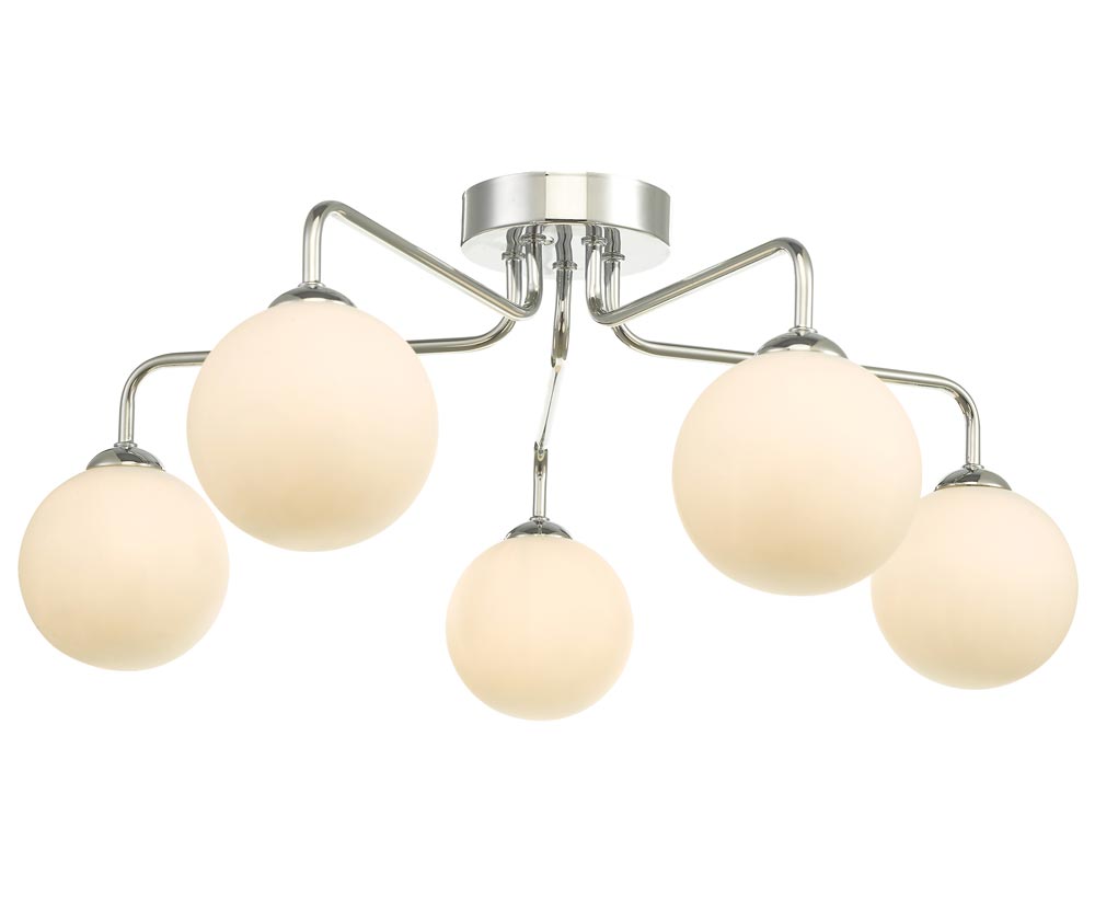 Dar Feya Chrome 5 Lamp Semi Flush Low Ceiling Light Opal White Glass