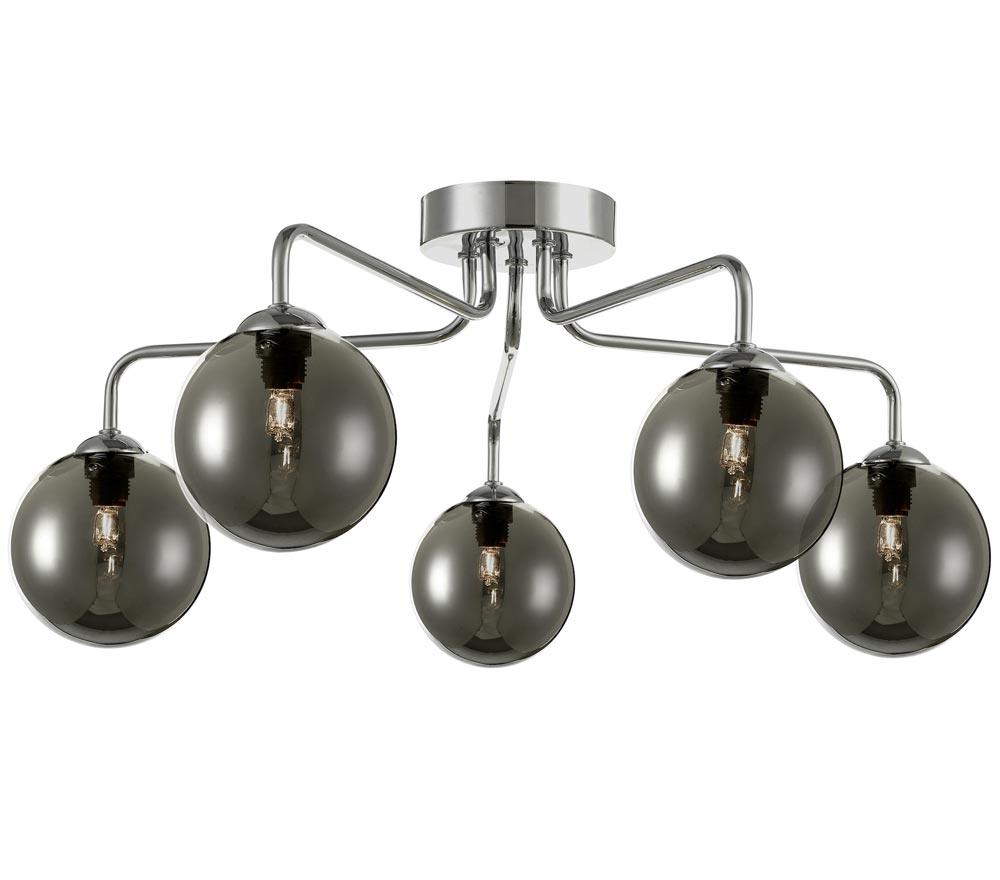 Dar Feya Chrome 5 Lamp Semi Flush Low Ceiling Light Smoked Glass