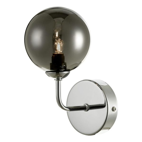 Dar Feya Chrome 1 Lamp Single Wall Light Smoked Glass Globe Shade