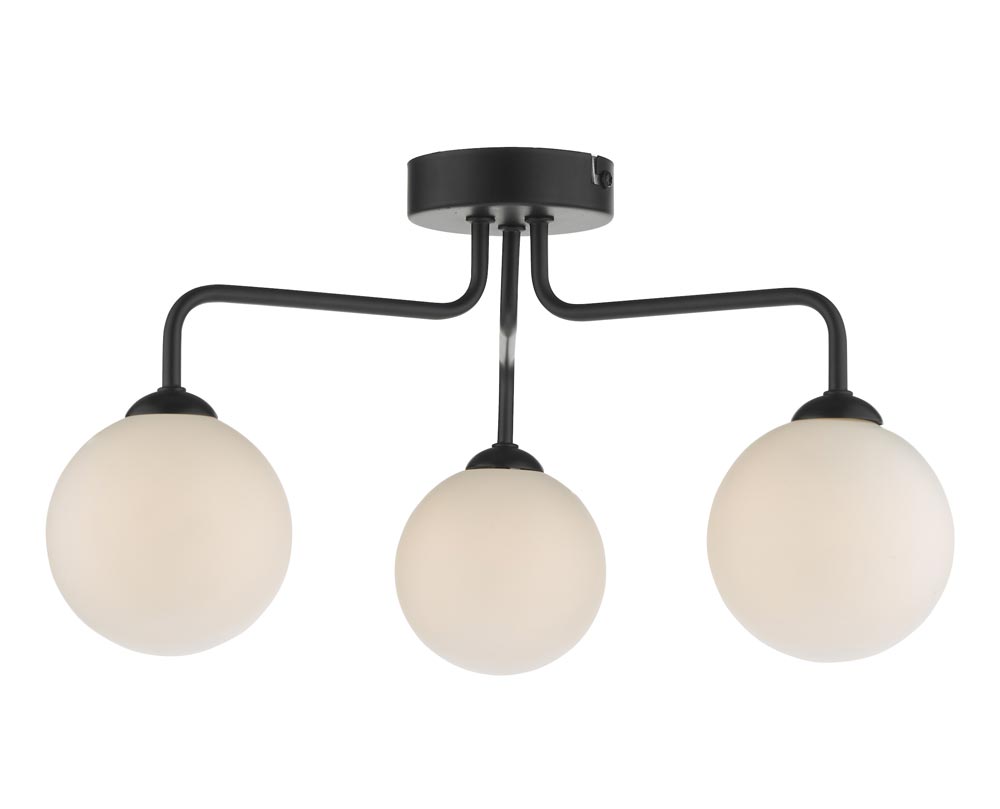 Dar Feya Matt Black 3 Lamp Semi Flush Low Ceiling Light Opal Glass