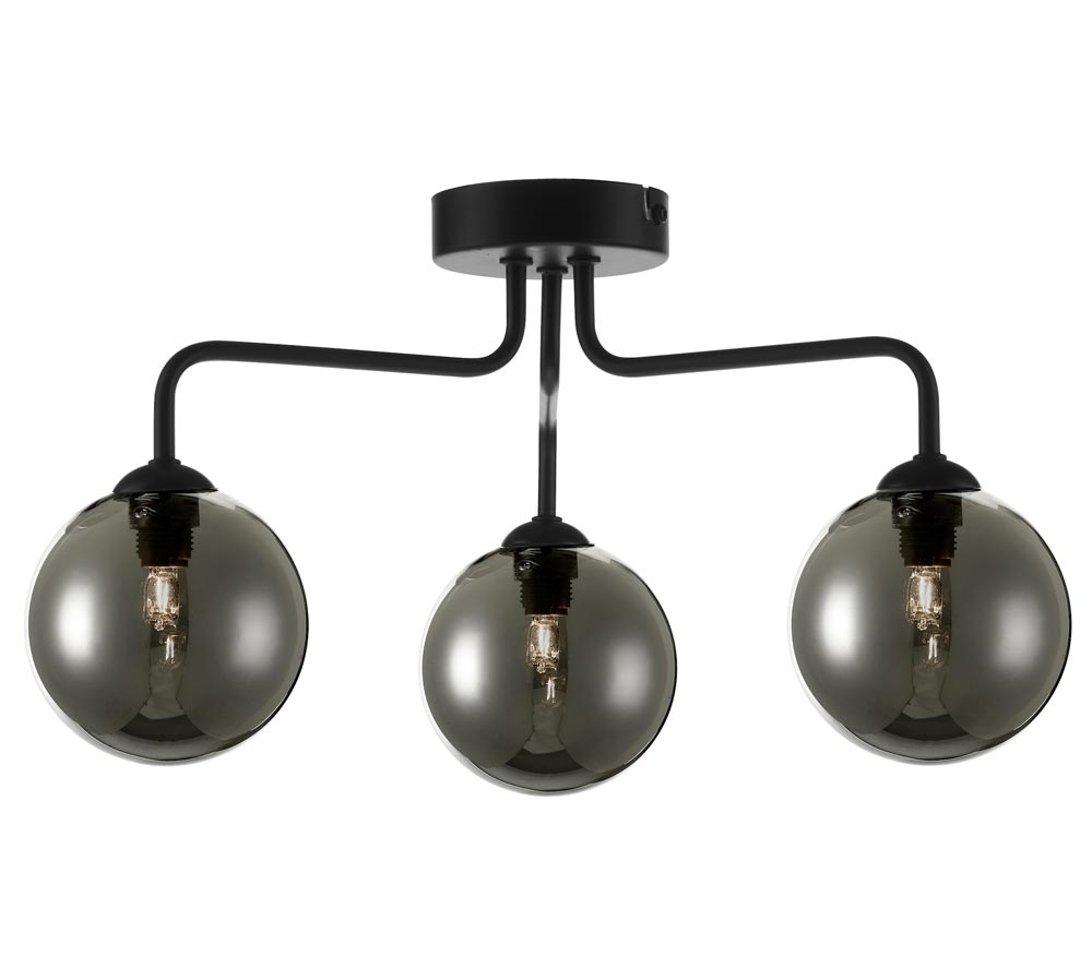 Dar Feya Matt Black 3 Lamp Semi Flush Low Ceiling Light Smoked Glass