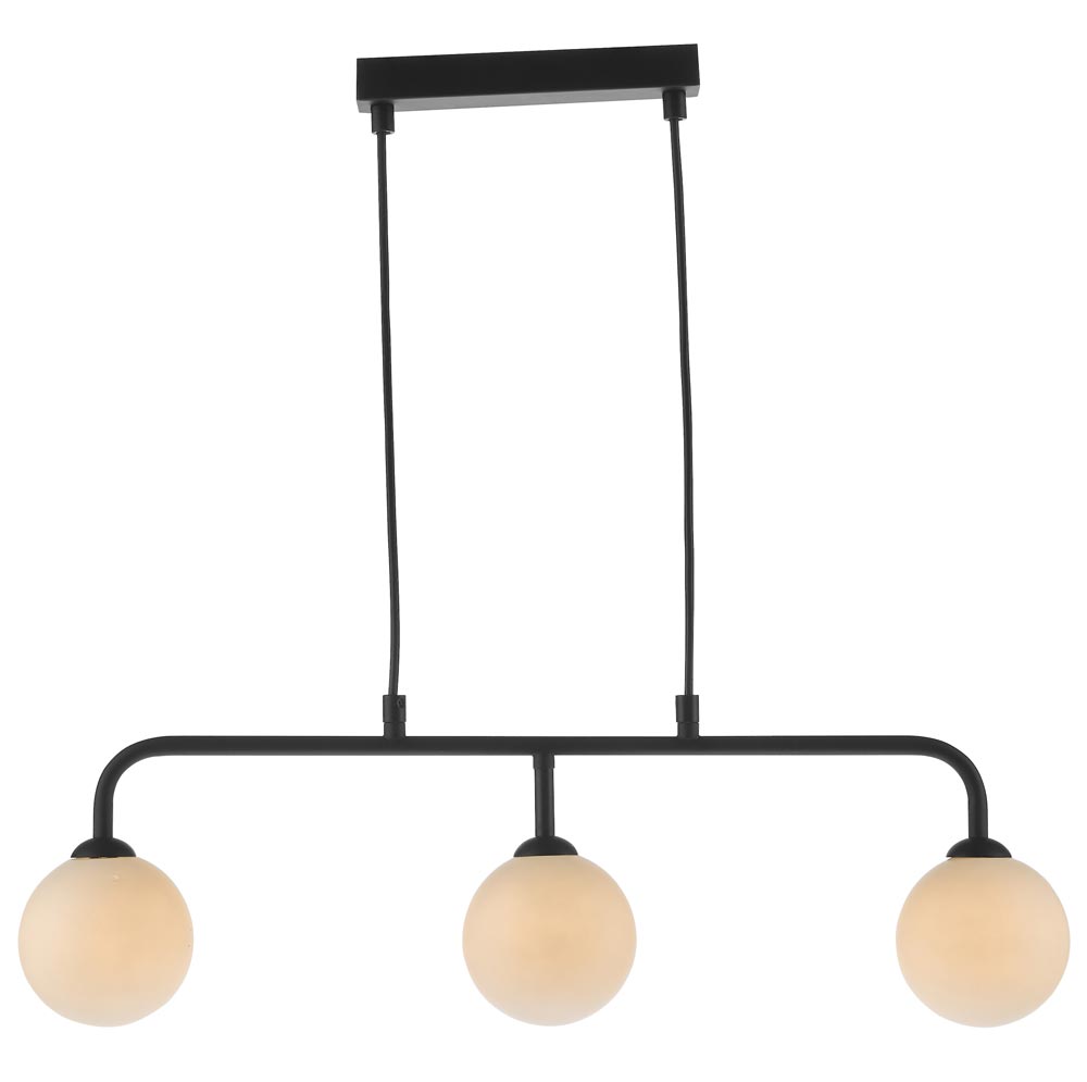 Dar Feya Matt Black 3 Lamp Bar Ceiling Pendant Light Opal White Glass