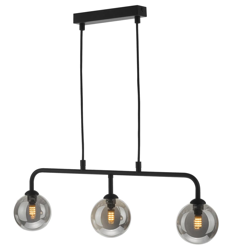 Dar Feya Matt Black 3 Lamp Bar Ceiling Pendant Light Smoked Glass