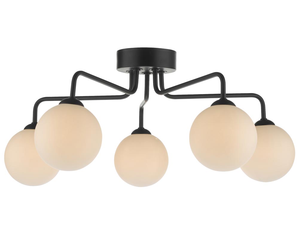 Dar Feya Matt Black 5 Lamp Semi Flush Low Ceiling Light Opal Glass