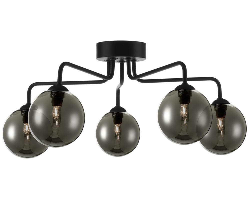 Dar Feya Matt Black 5 Lamp Semi Flush Low Ceiling Light Smoked Glass