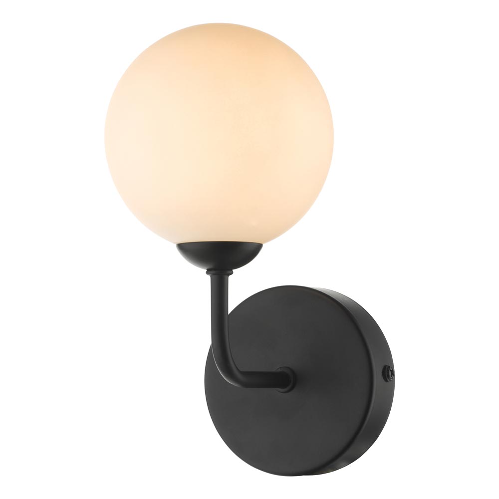 Dar Feya Matt Black 1 Lamp Single wall Light Opal White Globe Shade
