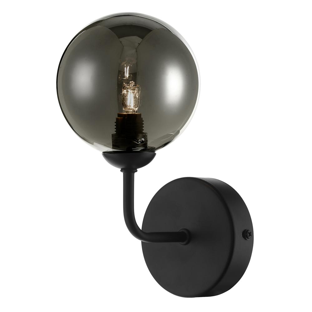 Dar Feya Matt Black 1 Lamp Single wall Light Smoked Glass Globe Shade