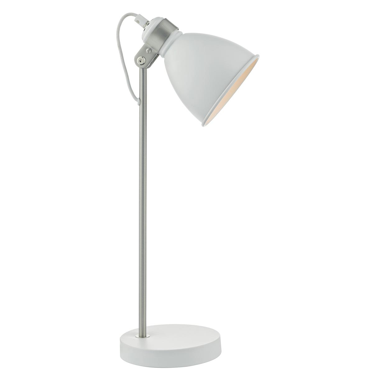 Dar Frederick 1 Light Retro Desk Task Lamp Matt White / Satin Chrome