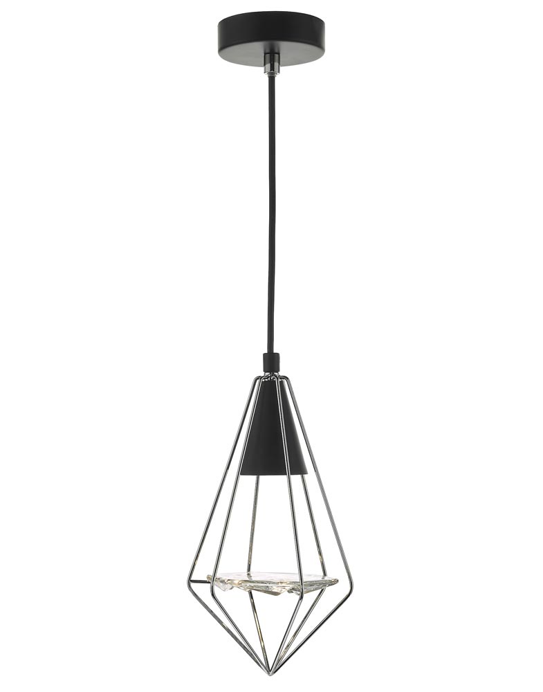 Dar Gianni Retro Style 1 Light Black Ceiling Pendant Chrome & Glass