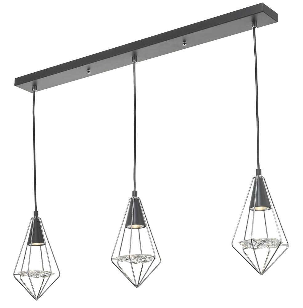 Dar Gianni Retro Style 3 Light Black Ceiling Pendant Bar Chrome & Glass