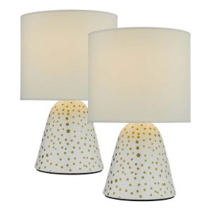 Dar Glenda pair white ceramic table lamps with gold detail and ivory shades main image